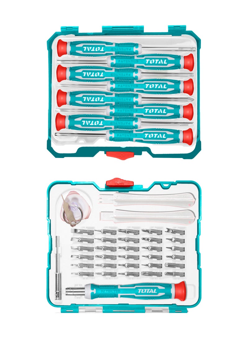 توتال طقم مفكات ودقّات دقيق احترافي من توتال مكوّن من ٤٥ قطعة مع علبة تخزين، مصنوع من فولاذ كروم فاندوم، يضم أنواعًا متعددة من الرؤوس تشمل المستقيمة والمتصالبة والسداسية وتوركس وخماسية النجمة، مع أداة شفط وأدوات فتح - Image 1